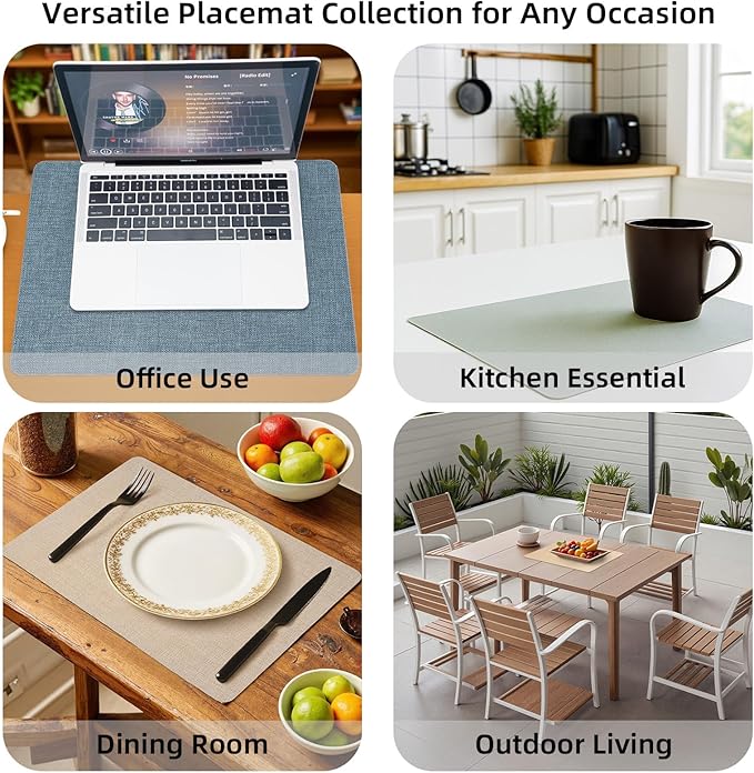 Heat Resistant Placemats Set of 6, 17x12in Waterproof Wipeable Faux Leather Non Slip Table Mats, Easy to Clean, Stain Resistant, for Kitchen Dining Room– Charcoal Blue