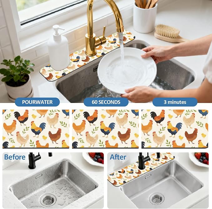2 Pcs Kitchen Sink Splash Guard Faucet Mat Cute Rooster Faucet Mat - Image 5