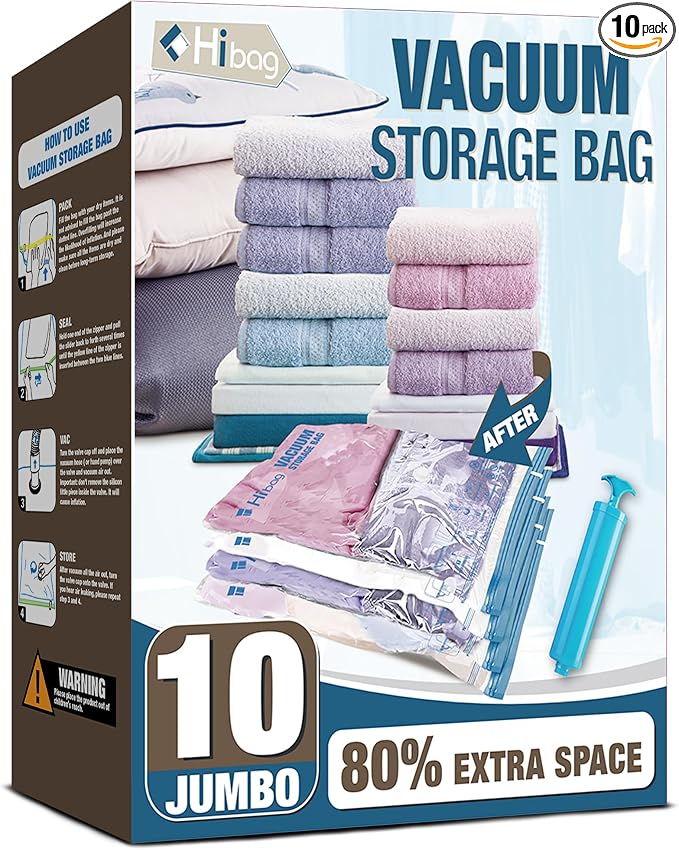 10 Jumbo Vacuum Storage Bags for Bedding, Vacuum Seal Bags for Clothing | Extra by HIBAG