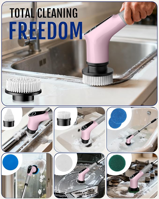 Dovety Electric Spin Scrubber, Extendable Handle, 8 Brush Heads-Pink | - Image 7