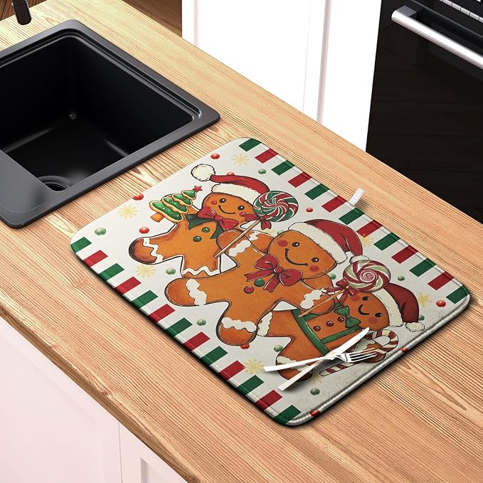 Christmas Dish Drying Mat Gingerbread Man Candy Cane Xmas Tree Drying Mats - Image 6