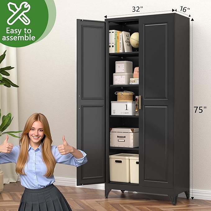 75” Tall Kitchen Pantry Cabinet,Metal Storage Cabinet with Doors and Adjustable Shelves,Modern Kitchen Hutch Cabinets,Freestanding Cupboard for Dining Living Room