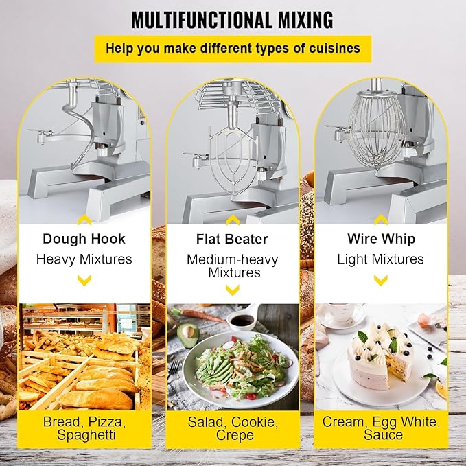 Happybuy 10Qt Commercial Food Mixer with Timing Function， Commercial Mixer 500W Stainless Steel Bowl Heavy Duty Electric Food Mixer Commercial with 3 Speeds Adjustable, Perfect for Bakery Pizzeria