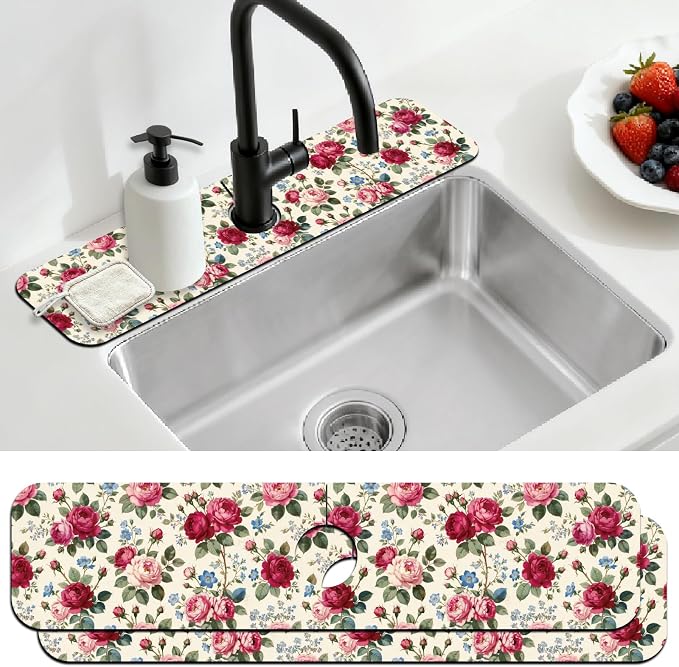 2 Pcs Pink Roses Kitchen Sink Splash Guard Faucet Mat Flowers Faucet Mats by CONCHLERY%E6%97%97%E8%88%B0%E5%BA%97