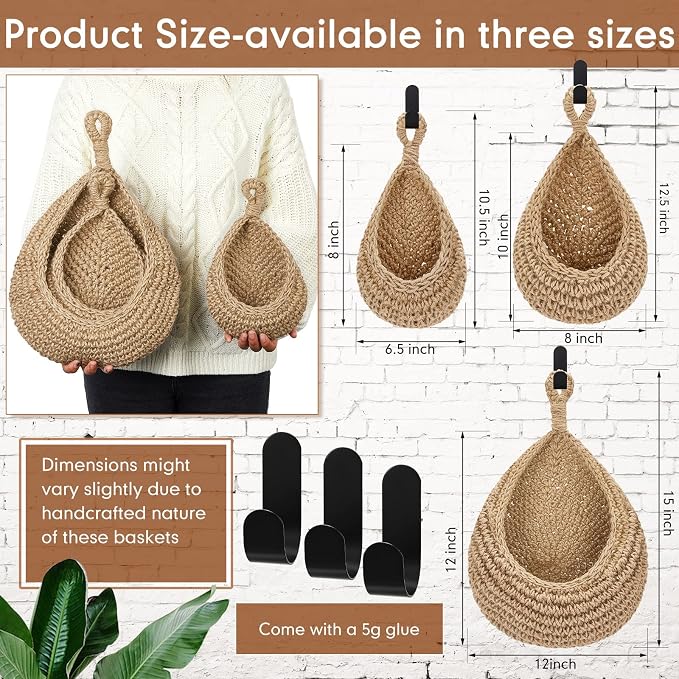 Honeydak 3 Hanging Baskets, Light Linen, Cotton Rope - Image 2