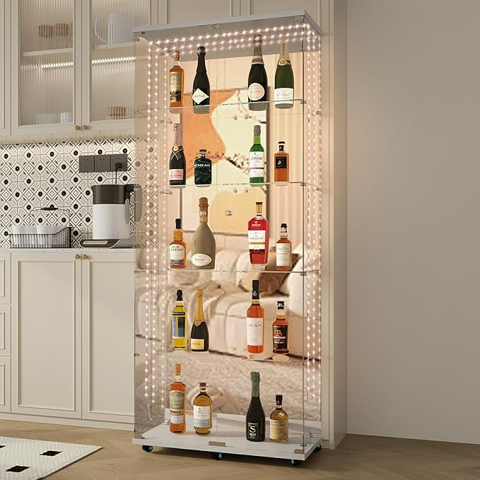 Yoluckea 5 Tiers Glass Display Cabinet with Bluetooth LED Light Strip, 2 Doors Floor Standing Curio Cabinet with Universal Wheel and Mirror Back Panel, White Glass Bookshelf for Collections, Wood Top