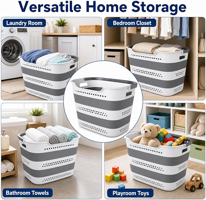 2 Pack Collapsible Plastic Laundry Basket - 42L Foldable Pop Up Clothes Hamper - Image 6