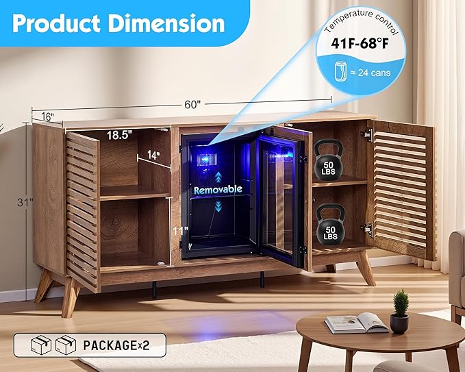 60" Farmhouse Coffee Bar Cabinet with Beverage Fridge (Included), Wine Bar Cabinet with Drawer Storage, Mini Fridge Cabinet, Sideboard Cabinet for Dining Room, Living Room-White