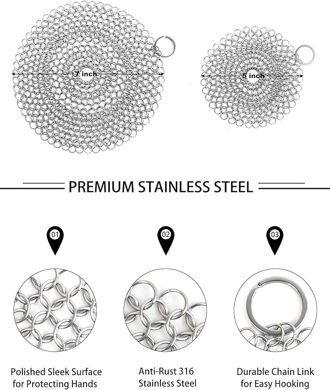 Cast Iron Skillet Cleaner Chainmail,2 Pack Premium Stainless Steel Chain Maille Scrubber for Cast Iron Pans,Stainless Steel,Glassware(7IN &5IN Round)