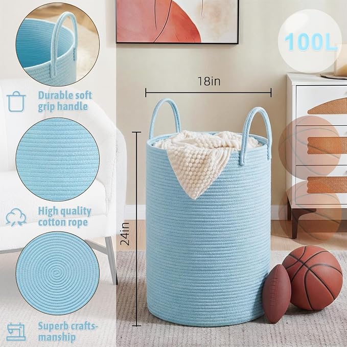 Laundry Basket, Woven Cotton Rope Laundry Hamper, 100L - Image 6
