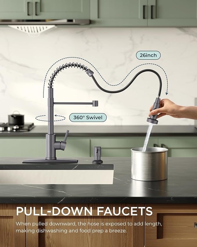 FORIOUS Kitchen Sink Faucet, Pull Down Sprayer, Classic High Arc, Single Handle - Image 2
