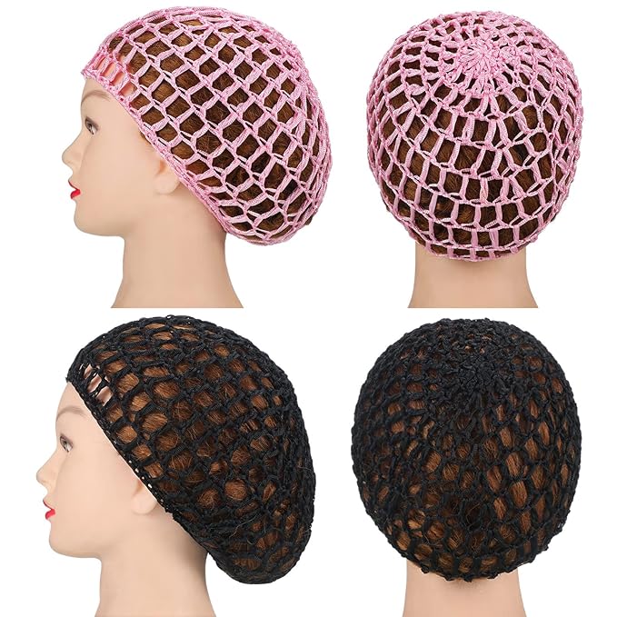 Geyoga 4 Pieces Mesh Crochet Hair Net Rayon Knit Snood Hat Thick Short Women Hairnet Snoods Cover Ornament for Sleeping (Black, Pink)