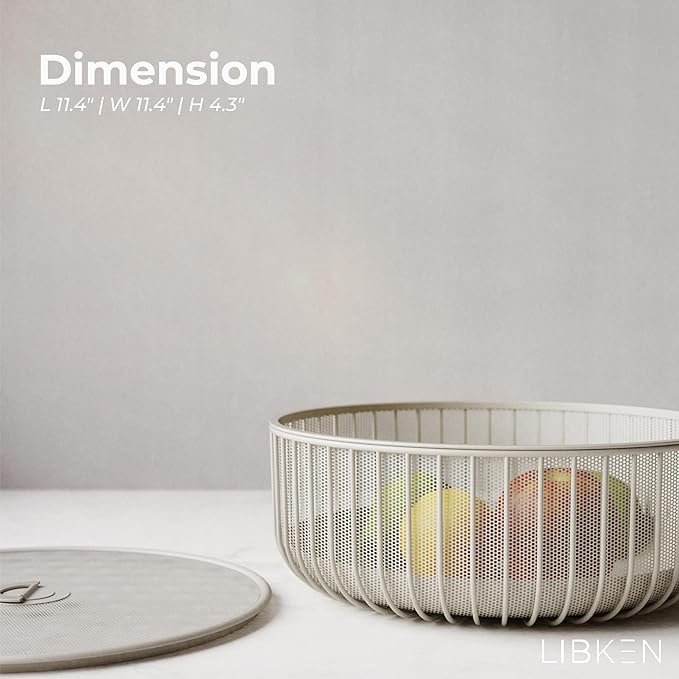 Metal Fruit Bowl with Mesh Lid and Basket - Fruit and Vegetable Holder for Kitchen Counter - Versatile and Durable Storage Basket Organizer for Fruit, Veggie, Snacks - 11x11x4-Inch (Warm Gray)