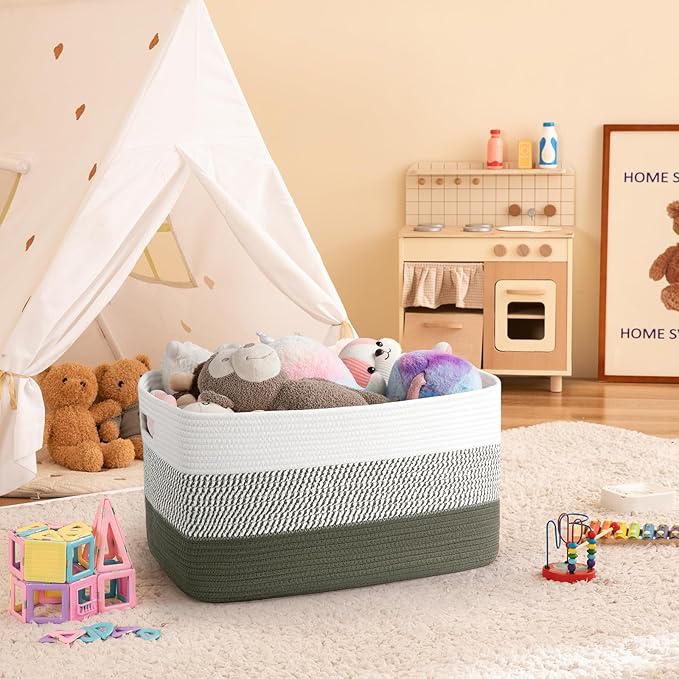 OIAHOMY Blanket Basket Laundry Basket Dog Toy Basket 75L Green/White - Image 2