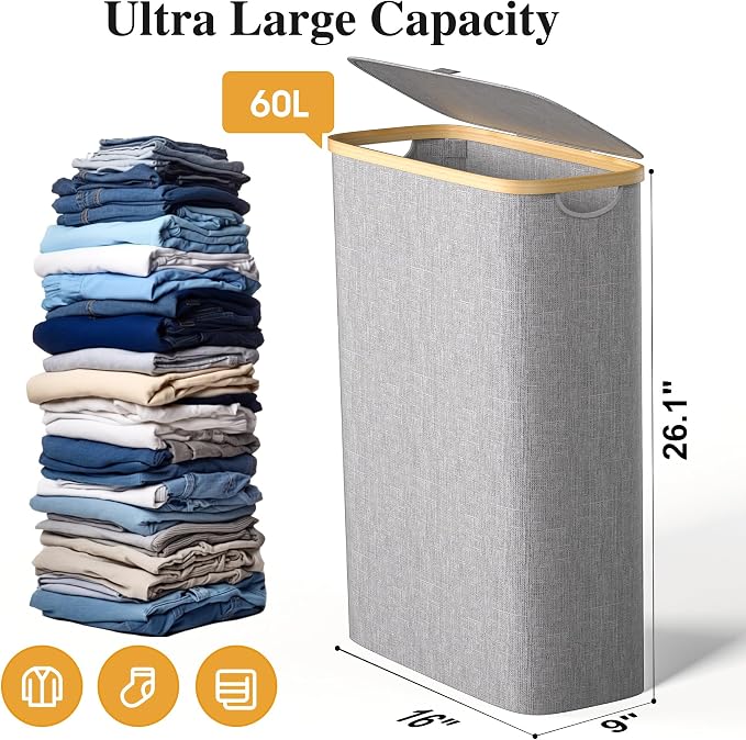Foluck Slim Laundry Hamper, 60L Waterproof Narrow Laundry Basket - Image 2