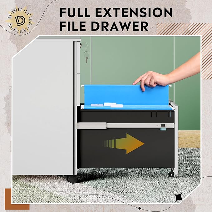 DEVAISE 3 Drawer Vertical File Cabinet with Lock, Under Desk Mobile Metal Filing Cabinet for Home Office Fit Legal/Letter/A4 File, Fully Assembled Except Wheels, White