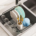 Dish Drying Rack in Sink Expandable Stainless Steel Kitchen Dish Drainer with 4 Cup Holders, Black