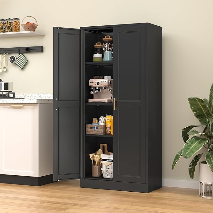 60" Kitchen Pantry Storage Cabinet,Black Tall Storage Cabinet With Doors and Shelves,Metal Food Pantry Cabinets for kitchen storage,Freestanding Cupboard for Dining Living Room,Assemble Required