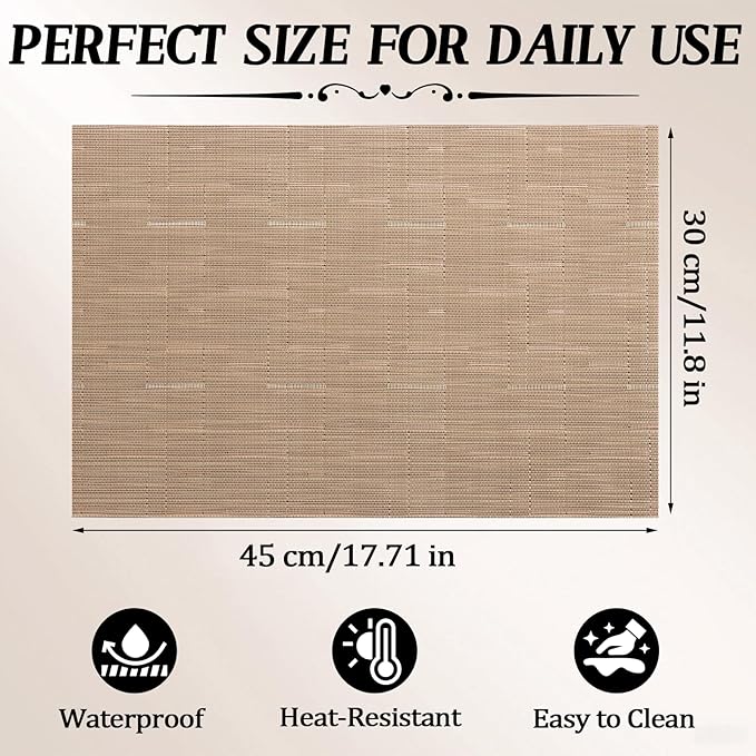 Timeet Placemats Set of 4, Heat Resistant Non-Slip Place Mats, Durable Washable PVC Vinyl Woven Table Mats, Linen Textured Table Placemats for Dining Kitchen Resistant Easy to Clean(Brown)