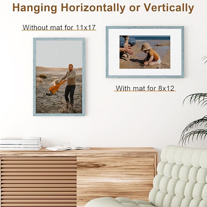 Vittanly 11x17 Picture Frame, Solid Wood Frame with Plexiglass, Includes 8x12 Mat, Wall Hanging for Photos, Home Decor, Rustic Blue, 1 Pack