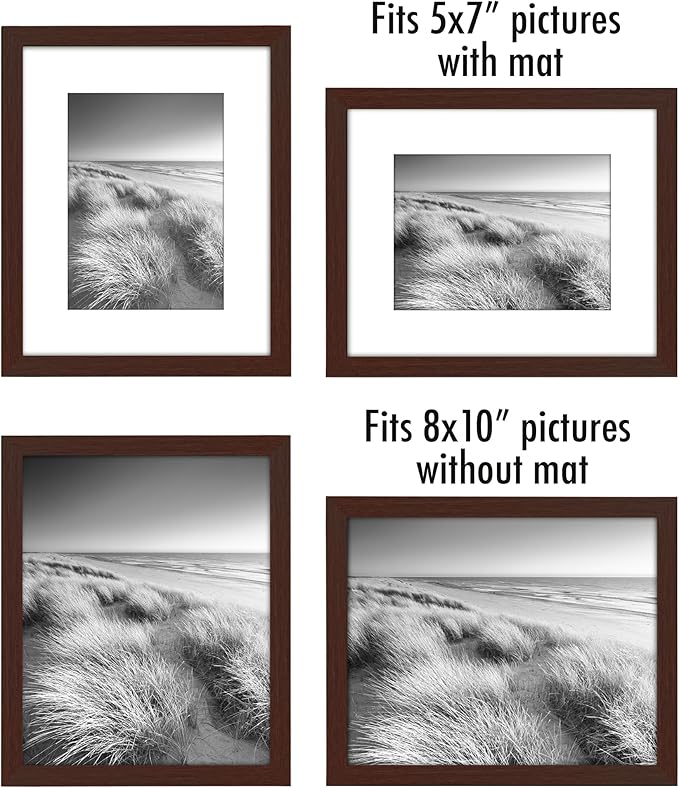 Americanflat 8x10 Picture Frame with Polished Plexiglass - Set of 5 - Use as 5x7 Frame with Mat or Display 8x10 Photo Without Mat - Galleria Collection - Picture Frames for Tabletop or Wall - Mahogany