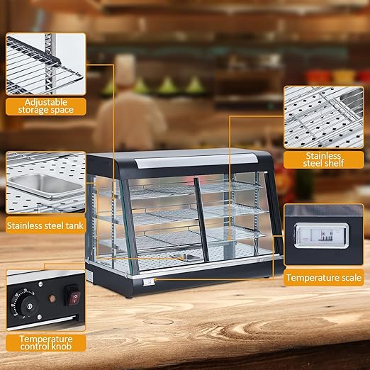 3-Tier Commercial Food Warmer, 800W Countertop Bakery Display Case, Pastry Display Case with LED Lighting, Removable Shelves, Glass Door, Food Display Case for Pizza & Pastry