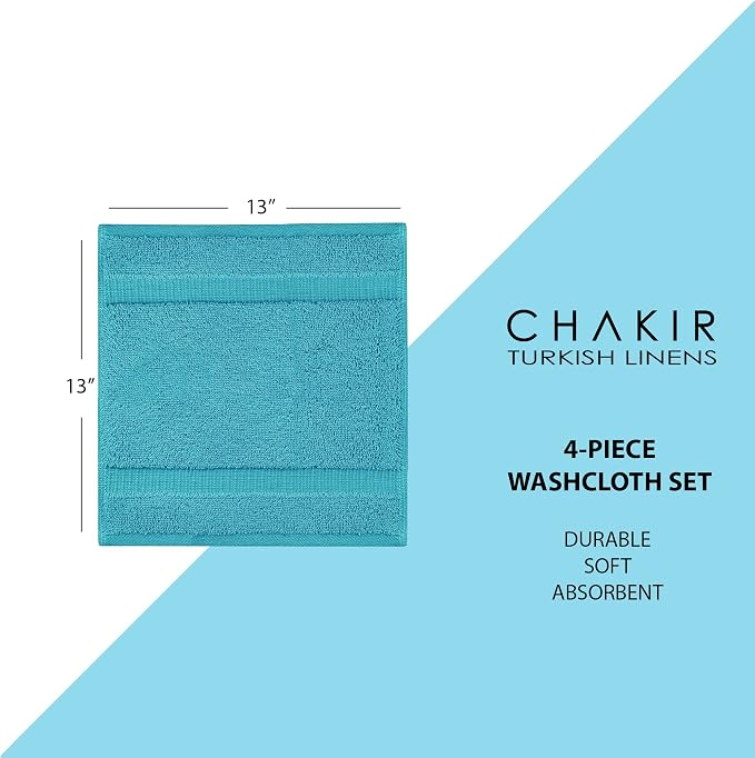 Chakir Turkish Linens 100% Cotton 4-Pack Washcloths 13x13, Aqua | Premium - Image 6