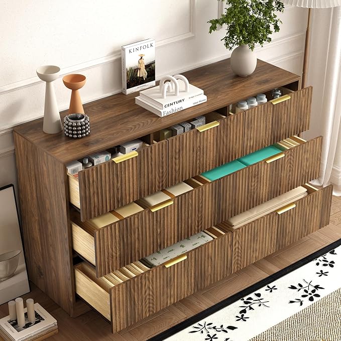 7 Drawers Dresser for Bedroom，55" Wide Fluted Dresser with Deep Drawers, Modern Chest of Drawers, Mid Century Wood TV Stand Storage Organizer for Closet, Living Room, Hallway, Natural