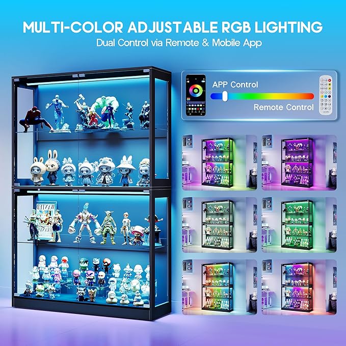 AMERLIFE RGB Display Cabinet with Adjustable Glass Shelves, 4-Tier Storage Case with LED Lights & Press-to-Open Doors, Modern Display Shelf for Collectibles, Black 70" H×45" L×16" D