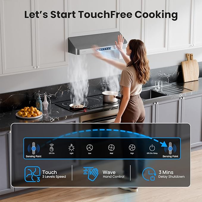 Range Hood 36 Inch Under Cabinet with 980 CFM, 3-Speed Gesture Sensing & Touch Control, Stainless Steel Kitchen Hood Vent for LED Lights, Time Setting, Baffle Filters with Handlebar