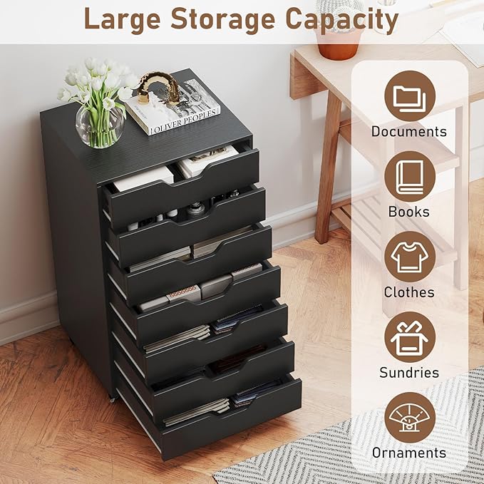7 Drawer File Cabinet, Mobile Filing Cabinet w/Universal Wheels, Wood Printer Stand with Storage, Rolling File Cabinets for Home Office, Living Room, Bedroom (Black, 7 Drawers)