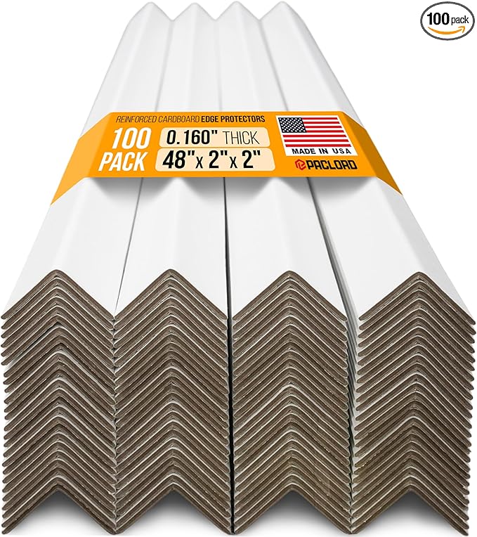 48" x 2" x 2" Reinforced Cardboard Edge Protectors, White (Pack of 100) – 0.16" Thick Heavy-Duty Cardboard Corner Protectors for Shipping – American Quality V-Board Pallet Edge Guard