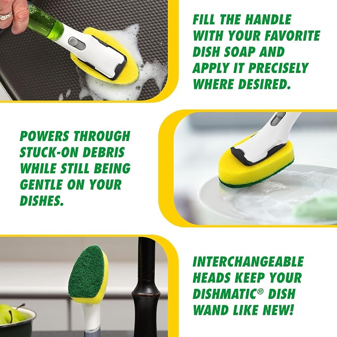 Libman Dishmatic I-Stand Dish Wand Kit, Scrub Brush, 3 Sponge Refills - Image 5