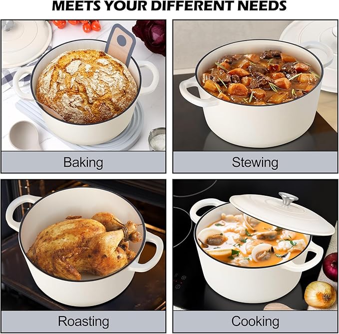 TeamFar 6Qt Dutch Oven, Enameled Cast Iron Dutch Oven Pot with Lid & Dual Handles for Bread Baking, Cooking, Simmer, Non Toxic & Heavy Duty, Oven Safe & Various Stovetops Suitable - Cream White