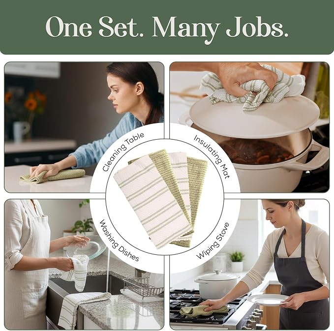 Kitchen Towels, Cotton Hand Towels, Sage Green and Cream Ribbed - Image 5