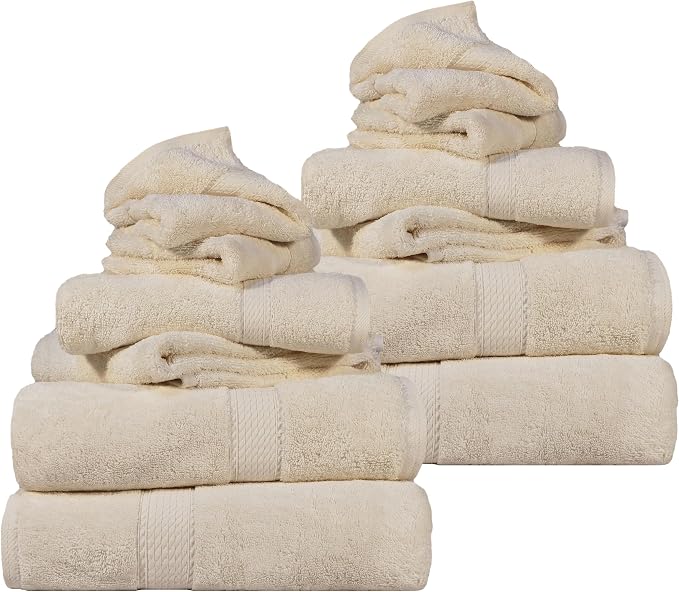 SUPERIOR Egyptian Cotton Ultra Plush & Absorbent, 12 Piece Set, Cream | by SUPERIOR