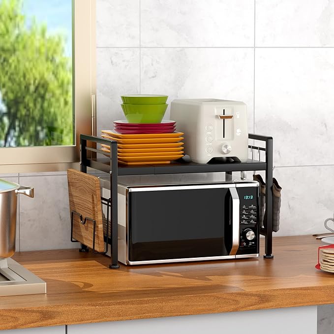 Extendable Microwave Oven Rack - Adjustable Kitchen counter shelf, 2 Tier Microwave Stand (L15.7~23.6" xW12.8 xH17.7) with 6 Hooks for Kitchen Countertop Organizer (Black)