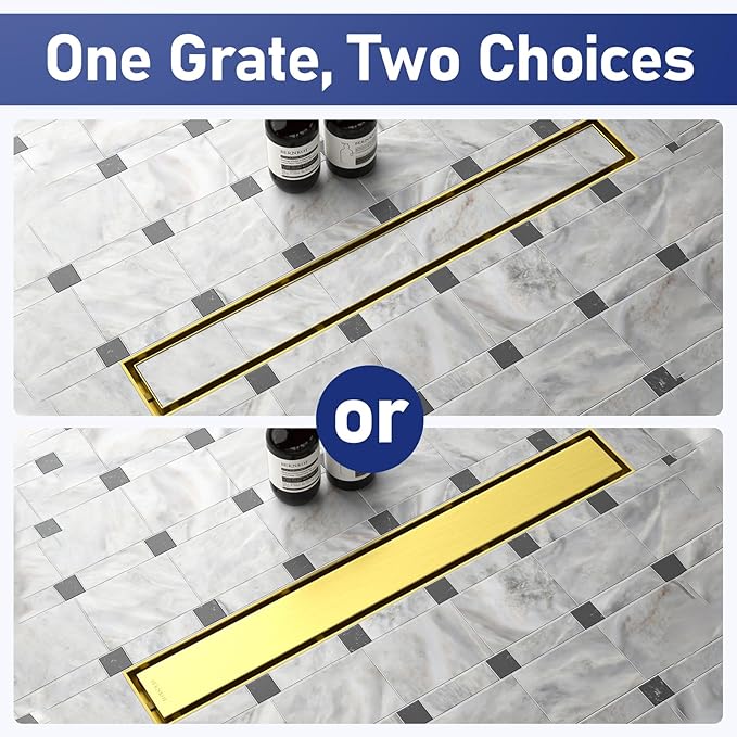 Linear Shower Drain 18", Brushed Gold Floor Drain with Tiled Insert Grate & Hair Strainer, 304 Stainless Steel Bathroom 2-in-1 Tiled in Drain, CUPC Certified (Brushed Gold, 18'')