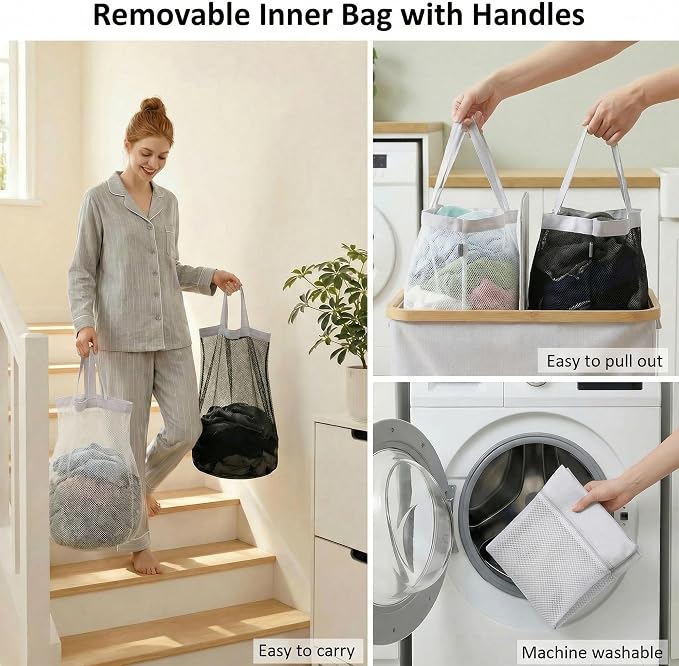 efluky Laundry Hamper with Lid, Double Laundry Basket with 2 Removable Bags - Image 4