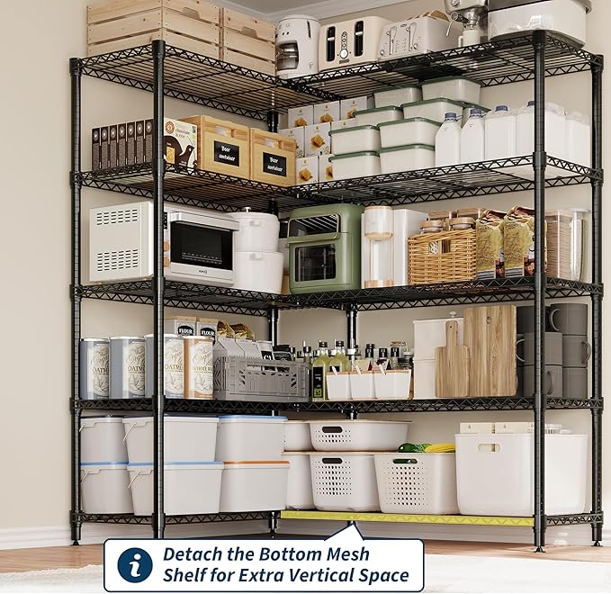 GarveeLife 70" H Storage Shelves L-Shaped 1325 LBS Heavy Duty Metal Shelving 5-Tier Wire Shelving for Corner Storage Rack Adjustable Pantry Shelf for Kitchen Pantry, 70.8" H x 70.5" W x 15.8" D