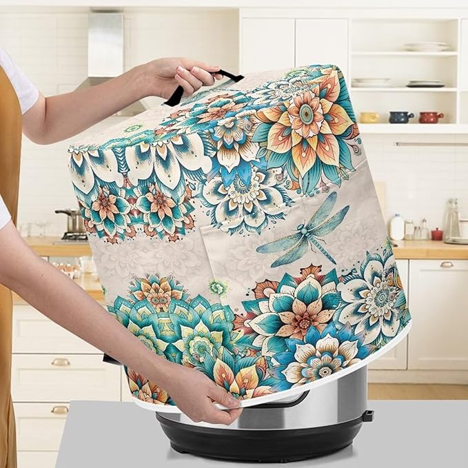 Xoenoiee Boho Mandala Floral Dragonfly Print Kitchen Appliance Dust Cover with Pockets, Electric Pressure Cooker Cover Compatible with Rice Cooker Cover Air Fryer Cover, for 6 Qt Pot