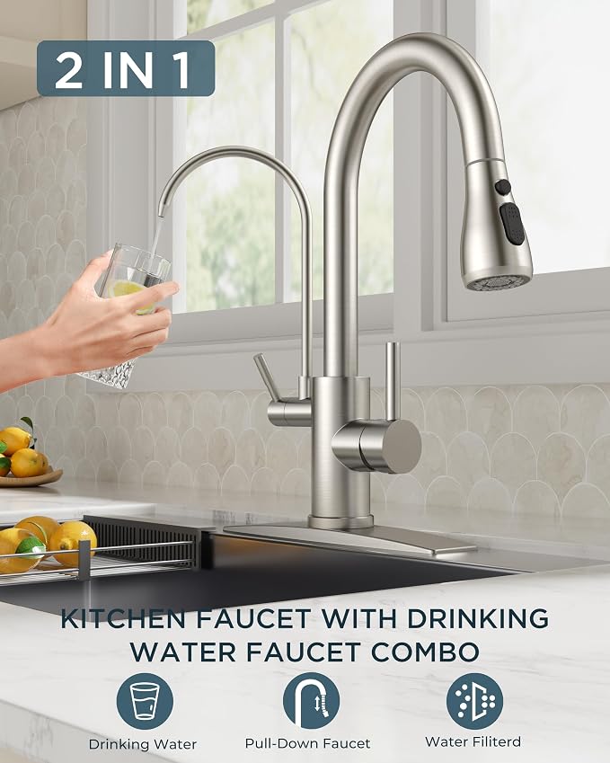 FORIOUS Kitchen Faucet with Purified Water, 2 Handle, Brushed Nickel | - Image 2