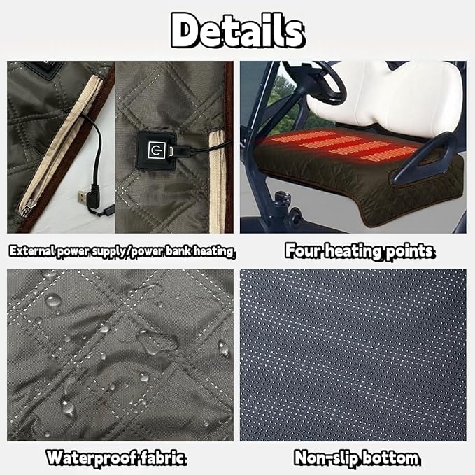 Golf cart Heated seat Cover, Non-Slip and Waterproof Winter Golf cart seat Cushion, Three Temperature Settings, Four-Zone Heating, External Power Supply/Power Bank Heating Options