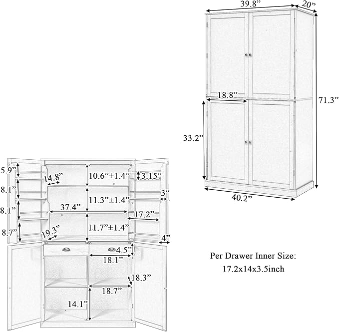 Merax 71.3" Tall Kitchen Storage Cabinet Pantry Farmhouse Freestanding Large Cupboard with 2 Drawers,2 Adjustable Shelves,8 Door-Shelf for Dining Room,White