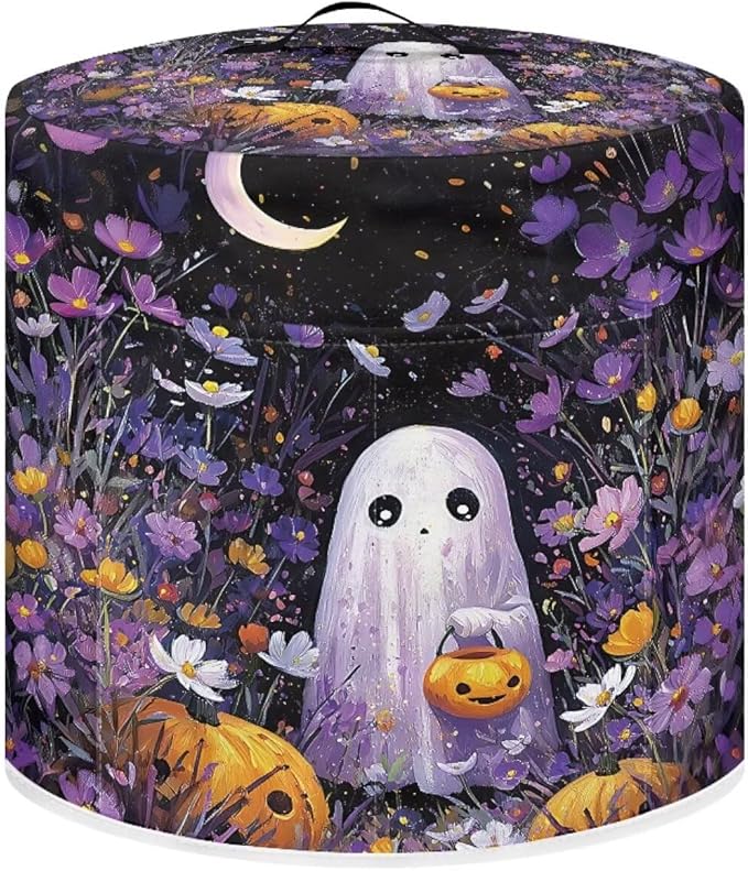 Purple Floral Halloween Ghost Dust Cover for Kitchen Accessories 6 Quart Pressure Cooker Air Fryer Rice Cooker Dust Cover with Top Handle and Storage Pocket