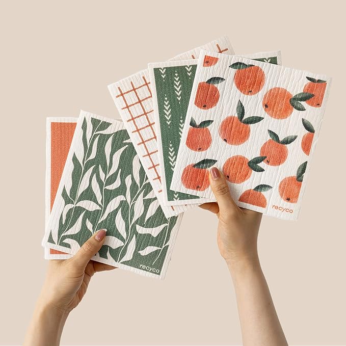 RECYCO Swedish Dishcloths for Kitchen | 5 Pack Peachy Leaves Washable Dish Rags by RECYCOHOMECOLLECTION