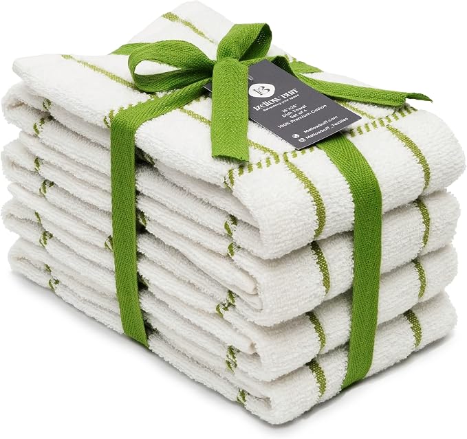 100% Cotton Terry Dish Towels, 4 Pack Checks, 16 x26 Inches, Super Soft and by Ecotribe