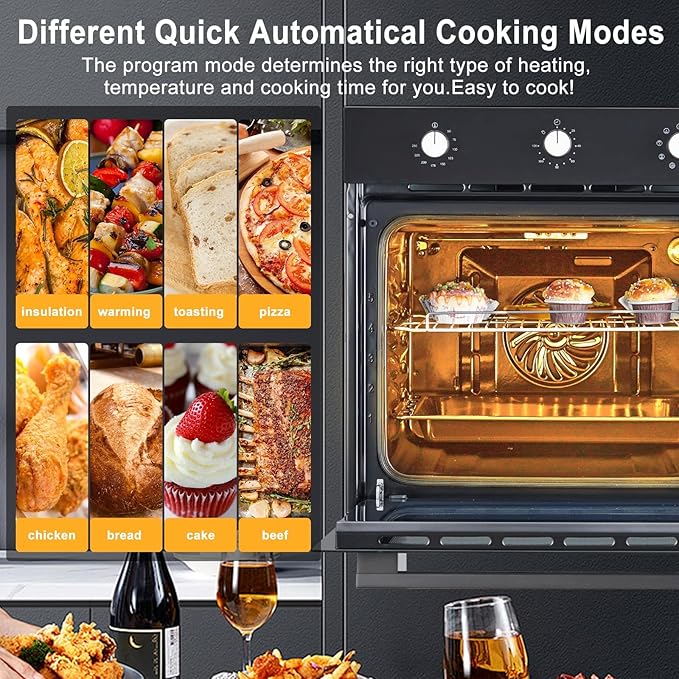 24 Inch Single Wall Oven, 2.5 Cu.ft Built-in Electric Wall Oven with 8 Cooking Functions in Stainless Steel, Mechanical Knob Control
