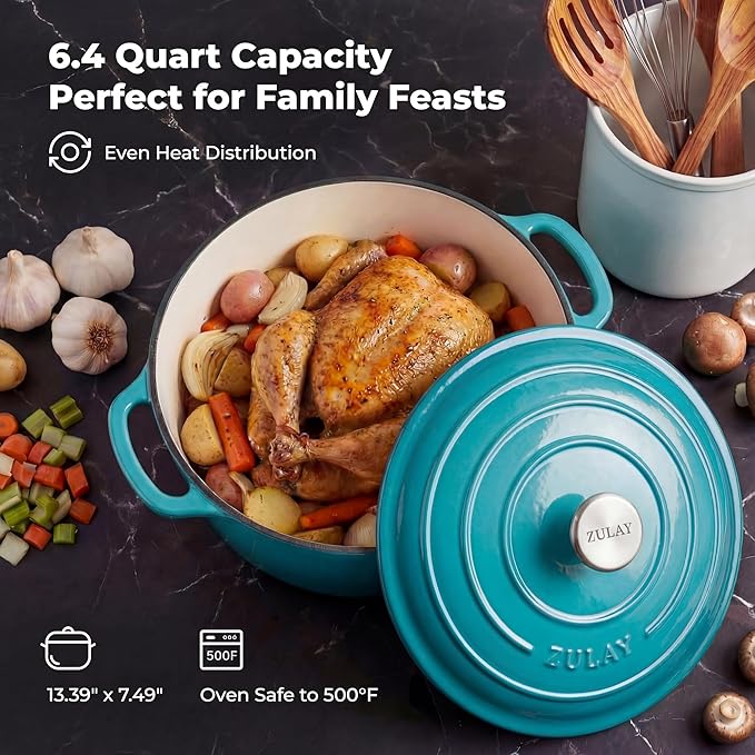 Zulay Kitchen 6 Quart Enameled Cast Iron Dutch Oven with Lid – Premium Durability & Oven Safe up to 500°F – Heavy Duty Cookware Perfect for Bread Baking, Stews, Braising & Roasting – Light Blue