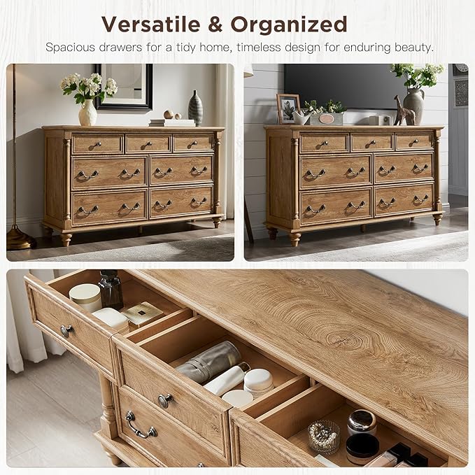 T4TREAM Farmhouse 7 Drawers Dresser Chests for Bedroom with 4 Solid Wood Feet, Tall Wide Wood Country Rustic Chest of Drawers, Storage Dressers for Bedroom, Living Room, Light Tree Knot